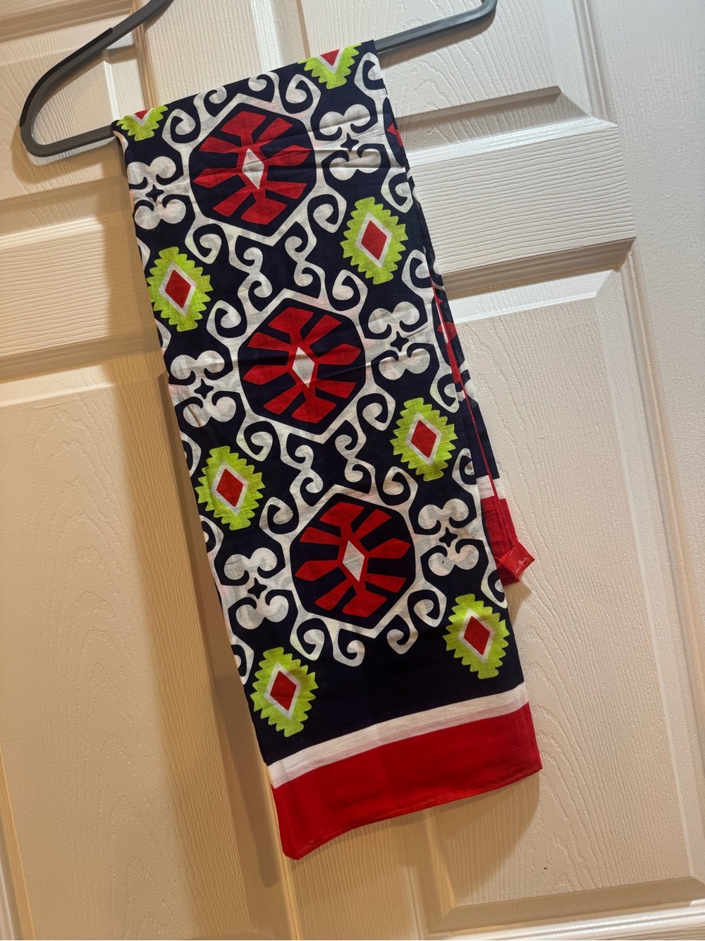 Vera Bradley Navy Scarf with Red, Lime & White Geometric Motif